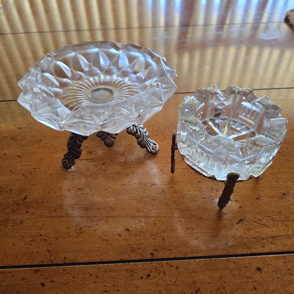 Vintage 1970 Italian Heavy Crystal Footed Brass Ashtray Set Of 2